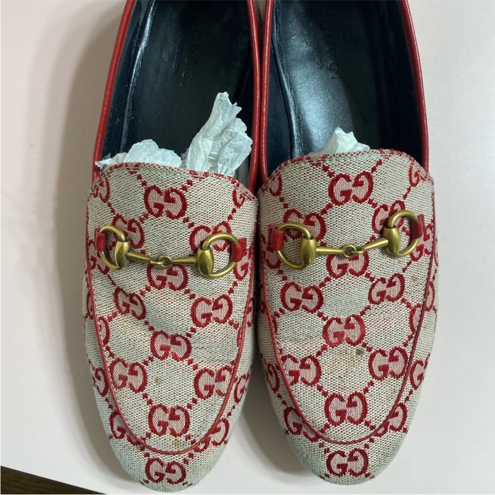 Gucci Red and Cream Loafers with GG Monogram